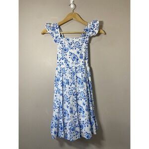 Haute Hippie Dress Girls Sz‎ 8 Blue White Floral Lined Ruffle Adjustable Straps